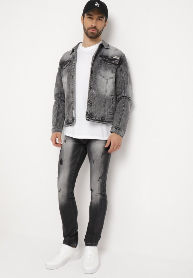 Ciemnoszare Dopasowane Jeansy z Efektem Sprania i Drobnymi Przetarciami Nodelara