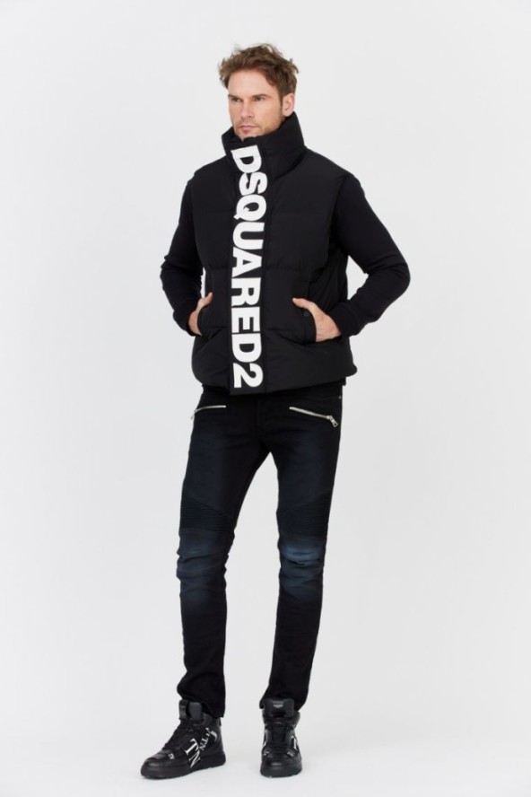DSQUARED2 Czarny męski puchowy bezrękawnik z dużym logo, Rozmiar 52