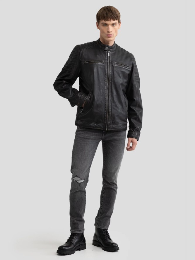 Kurtka męska biker skórzana czarna Hideo 906