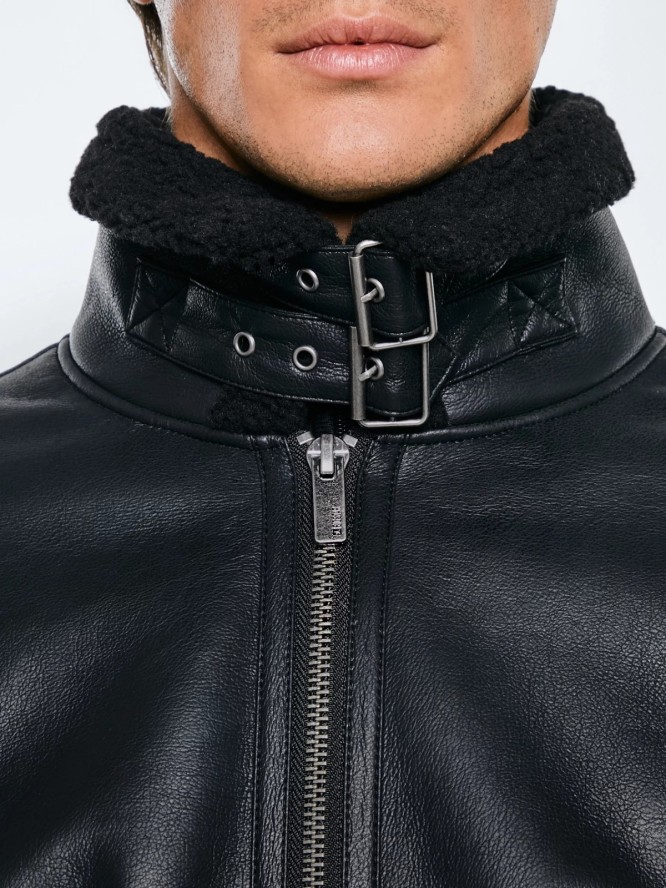 Kurtka męska pilotka z kołnierzem ze skóry ekologicznej czarna Nimo 906