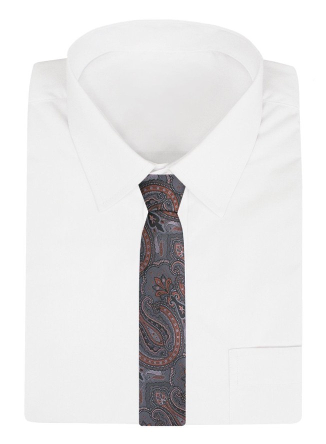 Klasyczny, Męski Krawat - Szeroki - Chattier - Ciemny Popiel i Pomarańcz, Duży Wzór