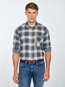 Koszula męska flanelowa w kratę niebiesko-beżowa Koner 401