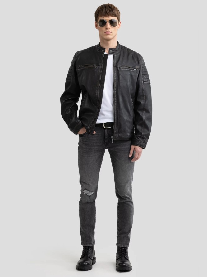 Kurtka męska biker skórzana czarna Hideo 906