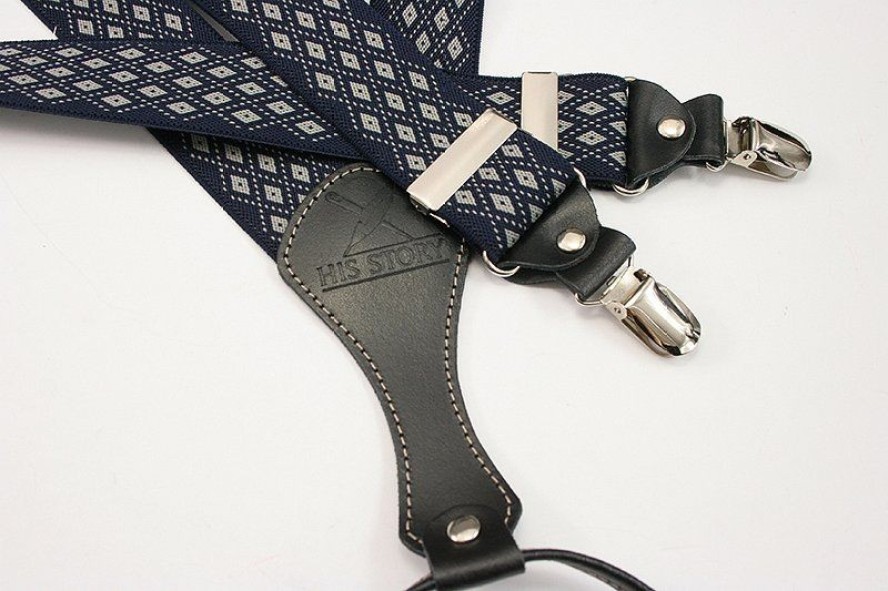 Granatowo-Białe Szerokie Szelki Męskie, Skóra Naturalna -HIS STORY- w Romby, Stylowe