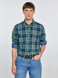 Koszula męska bawełniana w kratę zielono-granatowa Merowi 304