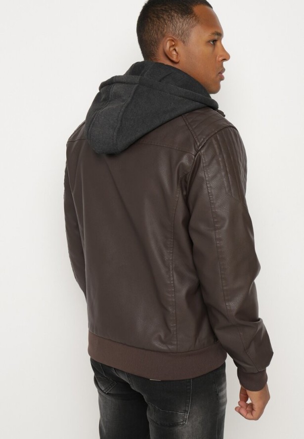 Brązowa Kurtka Ramoneska ze Ściągaczami i Odpinanym Kapturem Materiałowym Lozalina