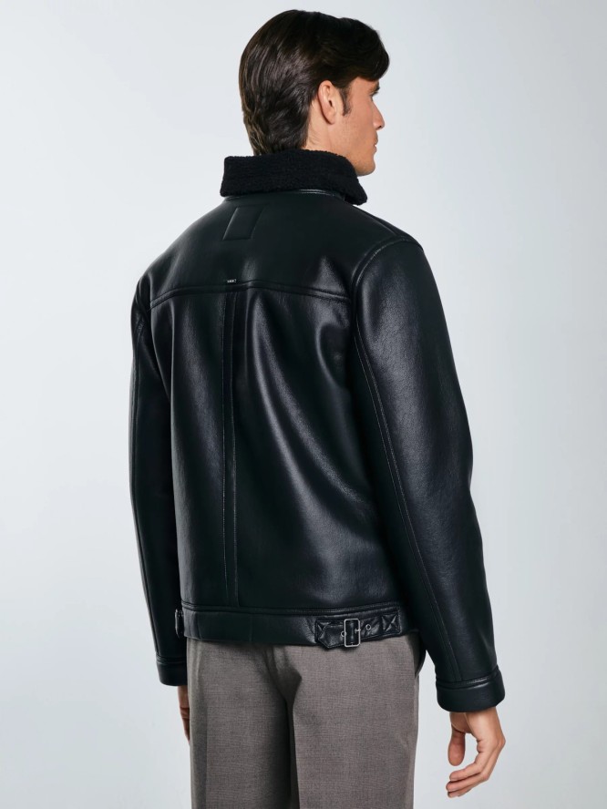 Kurtka męska pilotka z kołnierzem ze skóry ekologicznej czarna Nimo 906