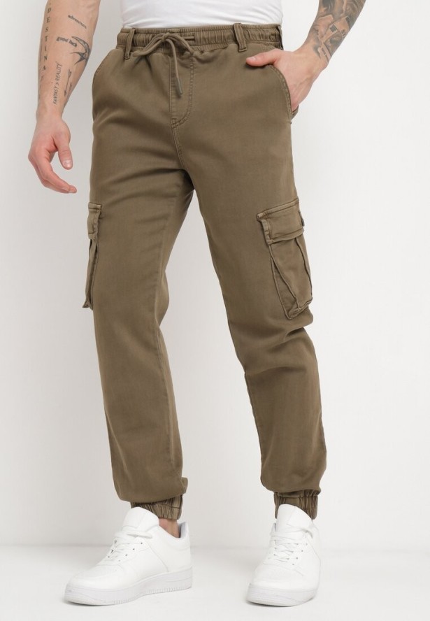 Brązowe Bawełniane Spodnie Bojówki Wiązane w Pasie Riyala