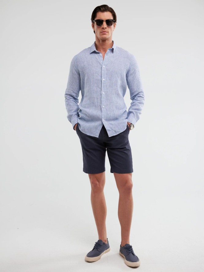 Lniana koszula męska w prążek niebieska Malekiwo 402