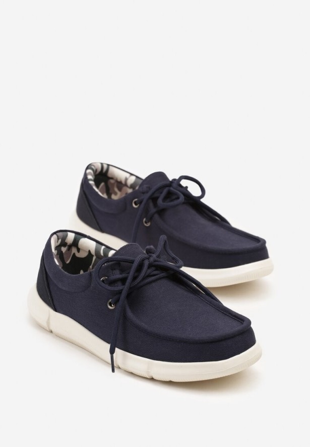 Niebieskie Półbuty Mokasyny z Wiązaniem Ozdobnym Przeszyciem i Skórzaną Wkładką Nitamela