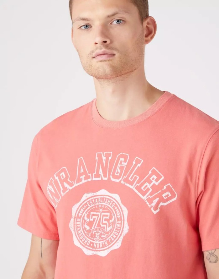 WRANGLER COLLEGIATE TEE MĘSKI T-SHIRT KOSZULKA NADRUK LOGO SPICED CORAL W7E0EJX6Y 112146307