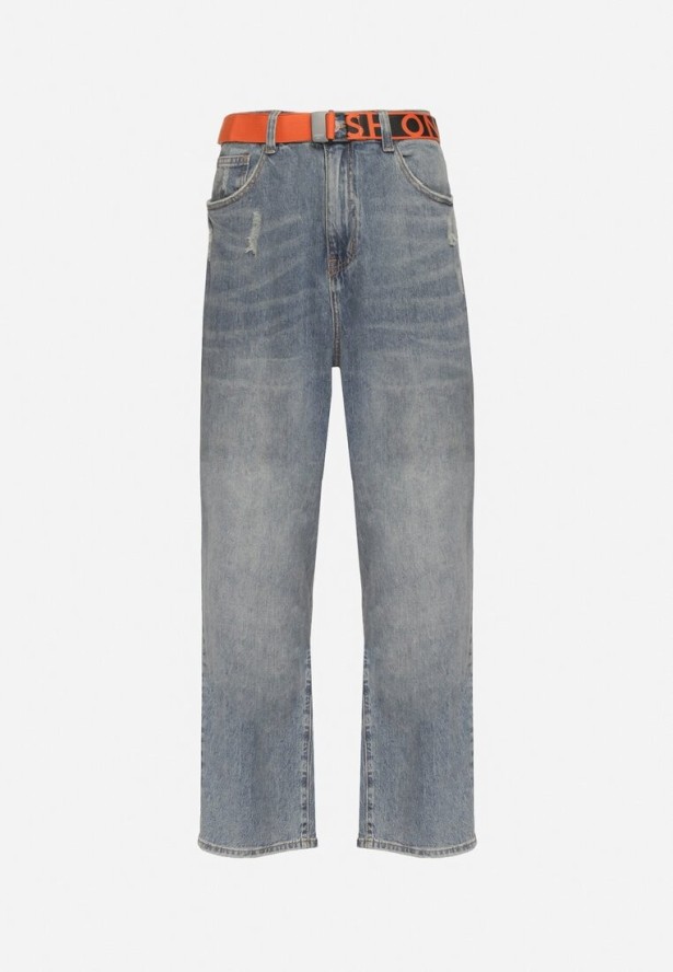 Niebieskie Jeansy o Fasonie Regular z Paskiem z Napisami Ivelanora