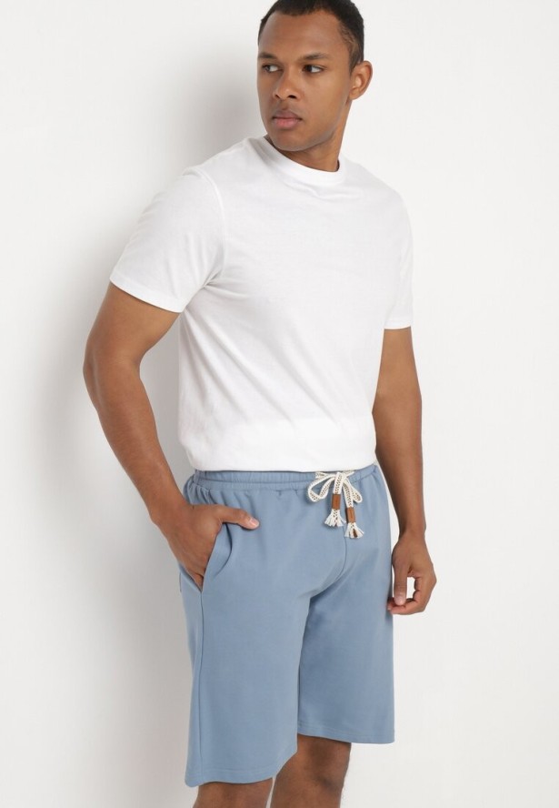 Jasnoniebieskie Bawełniane Szorty z Gumką w Pasie z Kieszeniami przed Kolano Ilopia
