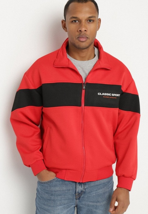 Czerwona Kurtka z Geometrycznym Pasem i Napisem Fonalena