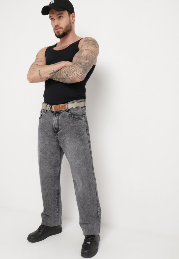 Szare Jeansy o Fasonie Regular z Paskiem z Klamrą Adropea