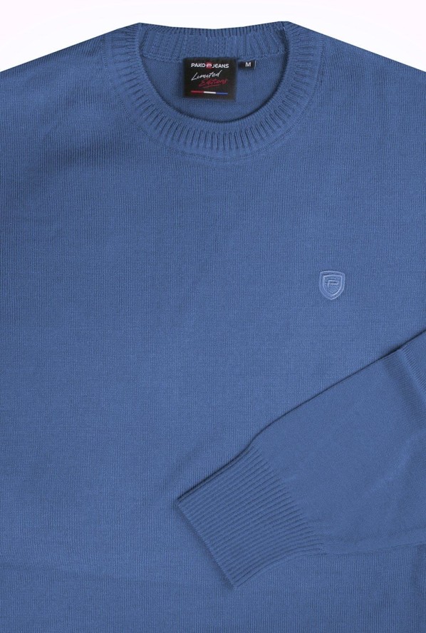 Wełniany Sweter, Okrągły Dekolt (U-Neck) - Pako Jeans - Niebieski