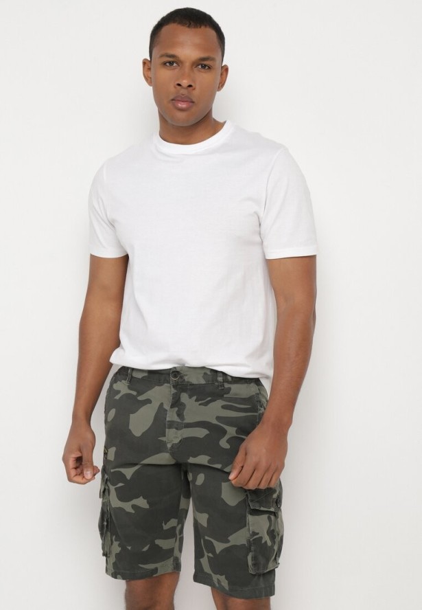 Zielone Szorty z Bawełny z Wysokim Stanem i Dodatkowymi Kieszeniami Pelia