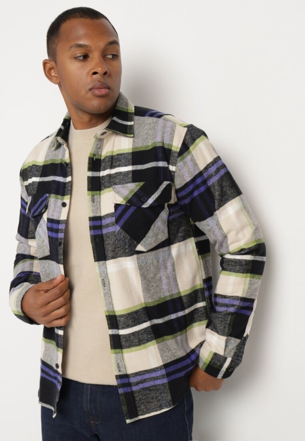 Beżowa Koszula z Bawełny w Kratę Ozdobiona Guzikami Zinniritta