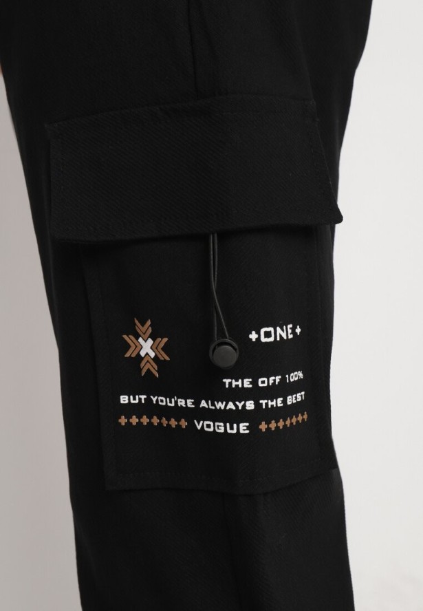 Czarne Spodnie z Bawełną o Fasonie Cargo ze Sznurkiem w Talii Lotilie