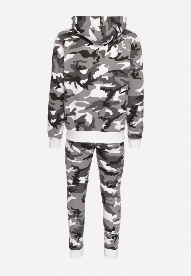 Szary Komplet Dresowy Moro Rozpinana Bluza z Kapturem Spodnie ze Ściągaczami Rotita