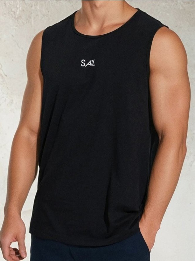 Luźny tank top z nadrukiem na plecach - czarny