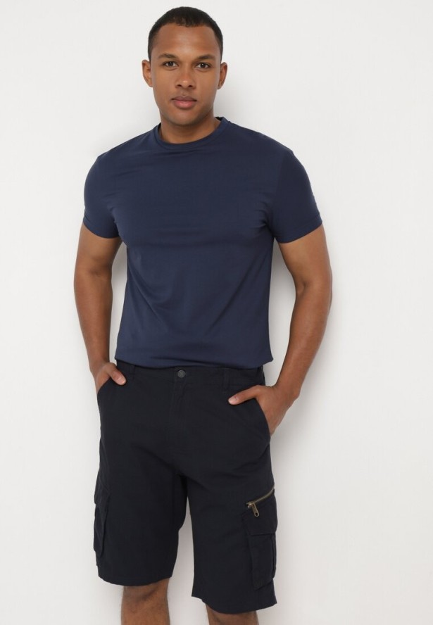 Granatowe Bawełniane Szorty z Szerokimi Kieszeniami Cargo Diphea