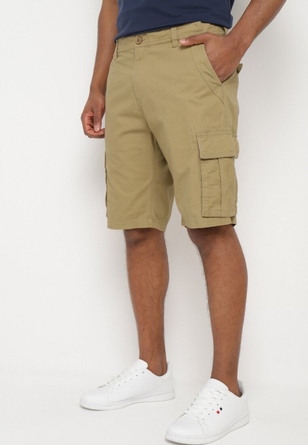 Ciemnobeżowe Bawełniane Szorty Zapinane na Suwak z Kieszeniami z Klapami Piovala