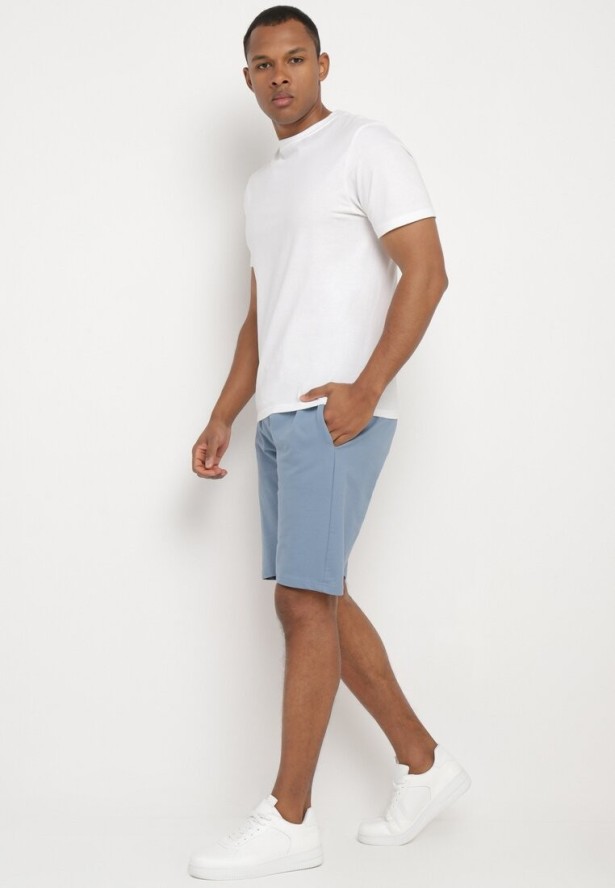 Jasnoniebieskie Bawełniane Szorty z Gumką w Pasie z Kieszeniami przed Kolano Ilopia