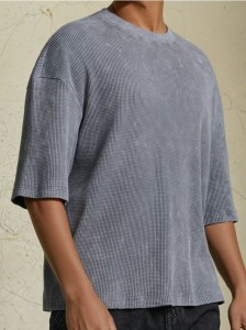 Bawełniana bluza z krótkim rękawem o waflowej strukturze - szary