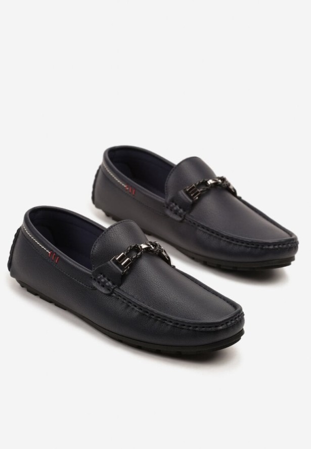 Granatowe Półbuty Mokasyny z Ozdobnymi Przeszyciami i Aplikacją Wismea