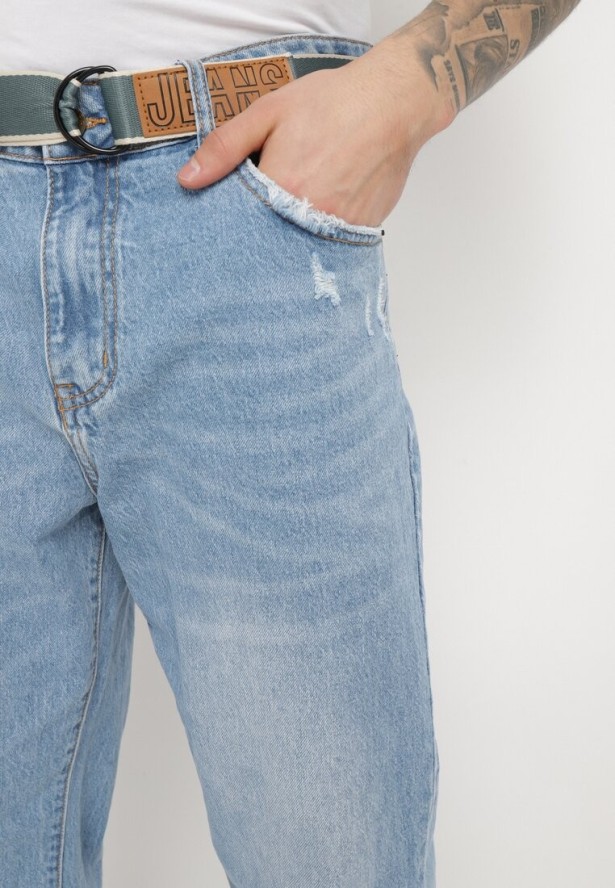 Niebieskie Jeansy Regular Bawełniane z Materiałowym Paskiem Hisperwa