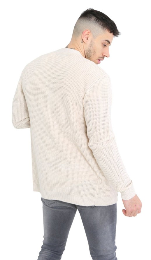 Dziergany Kardigan, Beżowy, Kremowy Sweter Zapinany na Guziki z Kieszonkami, Elegancki -BRAVE SOUL