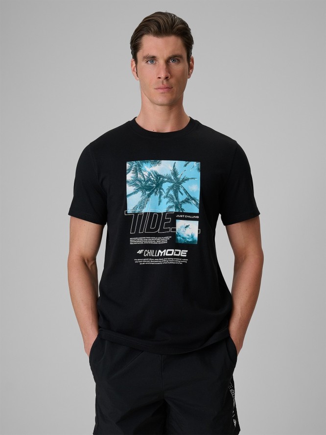 4F T-shirt regular z nadrukiem męski - czarny XXL