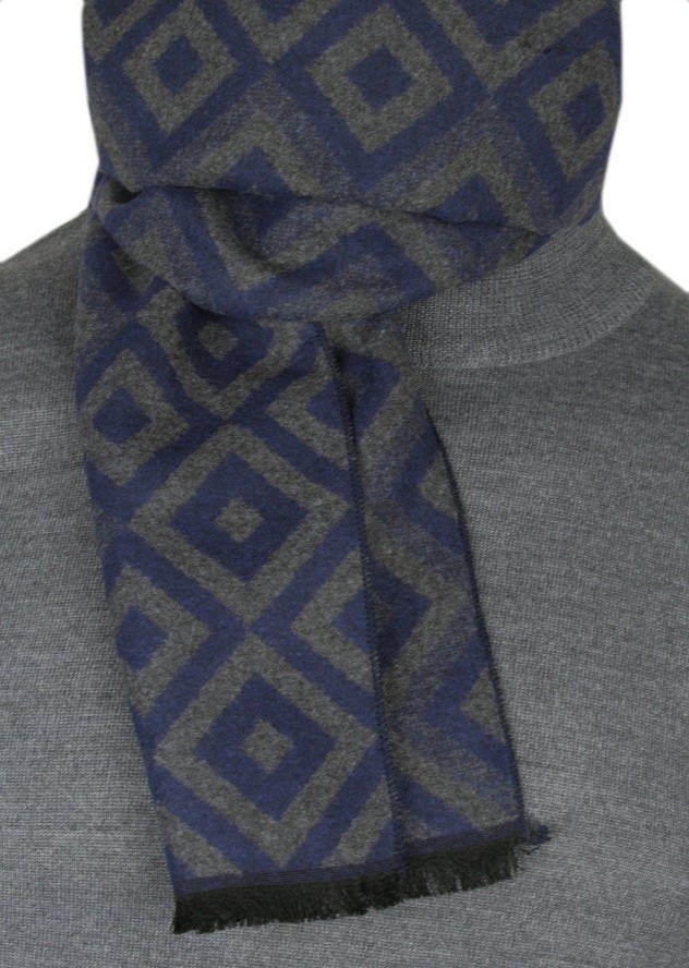 Męski Szalik z Wiskozy - Alties - Popiel i Granat, Figury Geometryczne