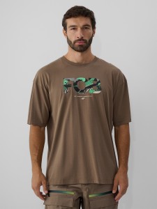 4F T-shirt loose z nadrukiem męski - brązowy L