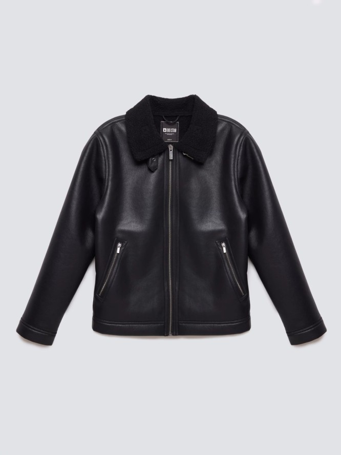 Kurtka męska pilotka z kołnierzem ze skóry ekologicznej czarna Nimo 906