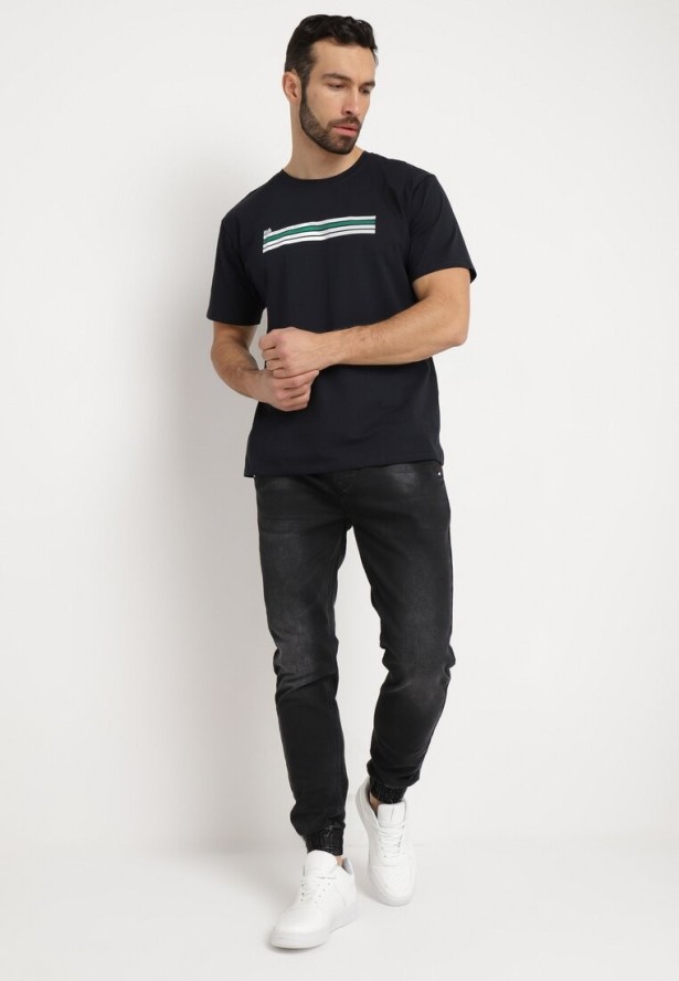 Czarne Jeansy Joggery ze Sznurkiem w Talii i Ściągaczami Serrona