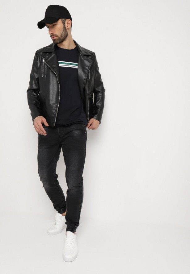 Czarne Jeansy Joggery ze Sznurkiem w Talii i Ściągaczami Serrona