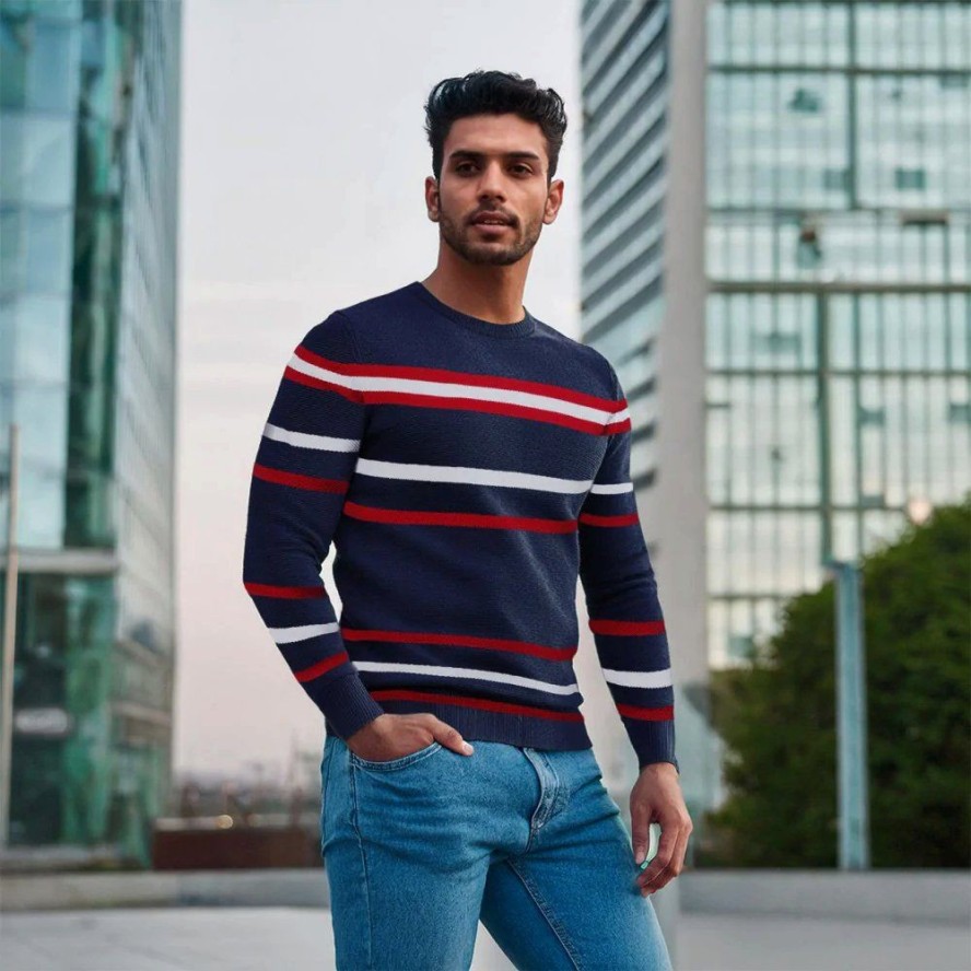 Sweter z Dzianiny Bawełnianej - w Paski - Pako Jeans - Granatowy