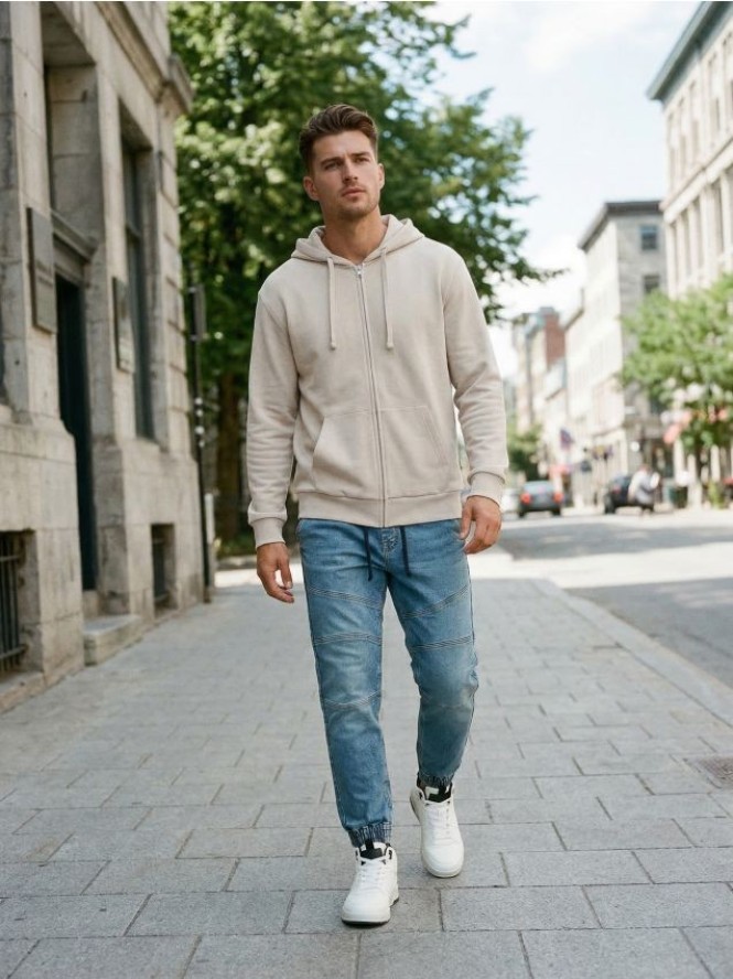 Rozpinana bluza z kapturem - kremowy