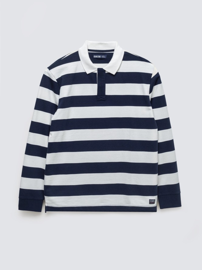 Koszulka męska polo z długim rękawem w pasy granatowo-białe Miker 100