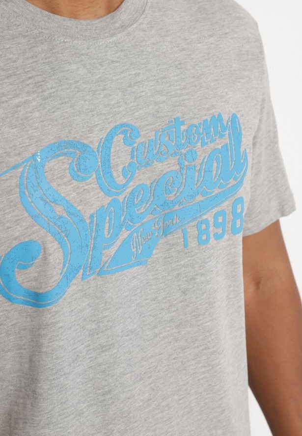 Jasnoszara Bawełniana Koszulka z Nadrukiem z Napisem Mepize