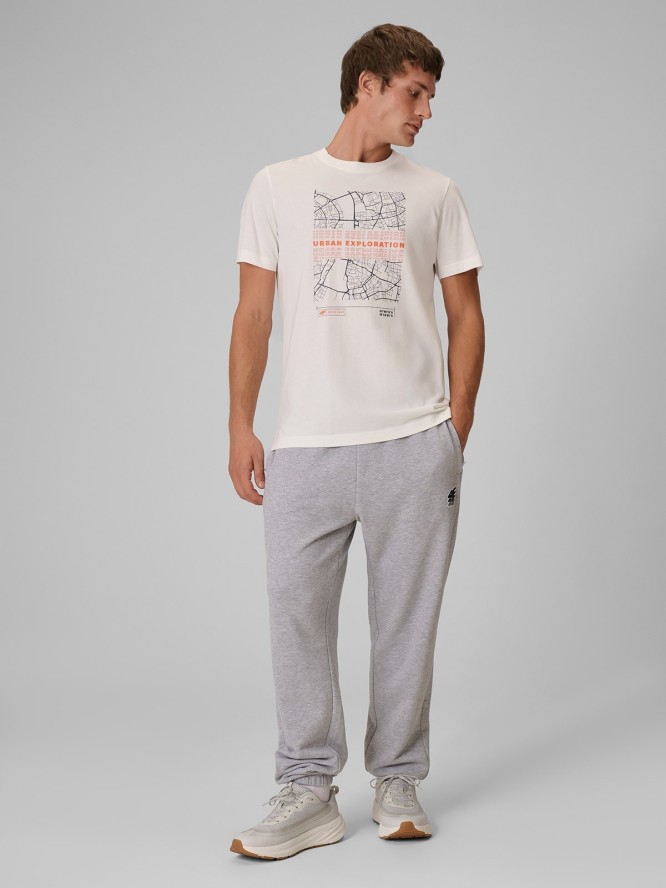 4F T-shirt regular z nadrukiem męski - kremowy XXL