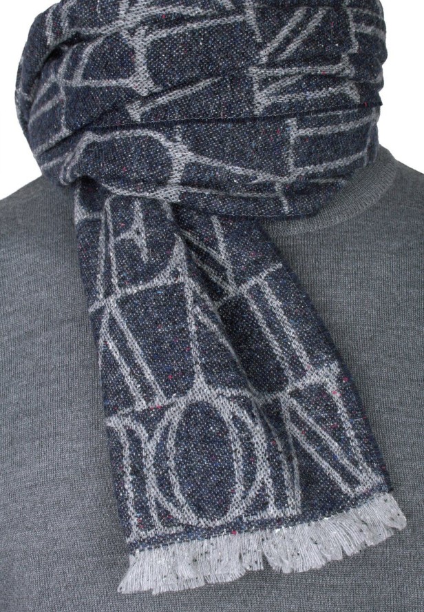 Szalik Granatowy, Wzór Geometryczny, Wełna z Kaszmirem, Ciepły, Męski -V. Fraas