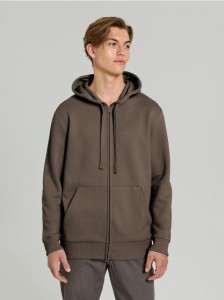 Rozpinana bluza z kapturem i kieszeniami - brązowy