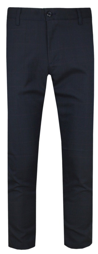 Eleganckie Męskie Spodnie, Zwężane (Slim Fit) – RIGON - Ciemnogranatowe, Drobna Kratka