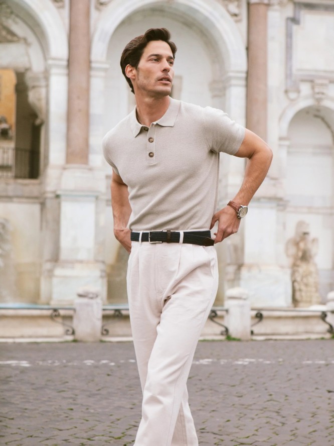 Sweter męski polo z krótkim rękawem beżowy Polonezzo 801