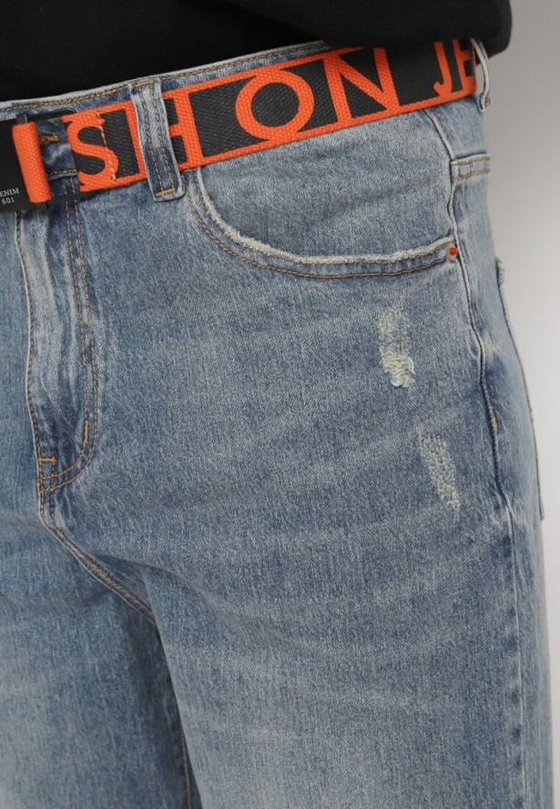 Niebieskie Jeansy o Fasonie Regular z Paskiem z Napisami Ivelanora