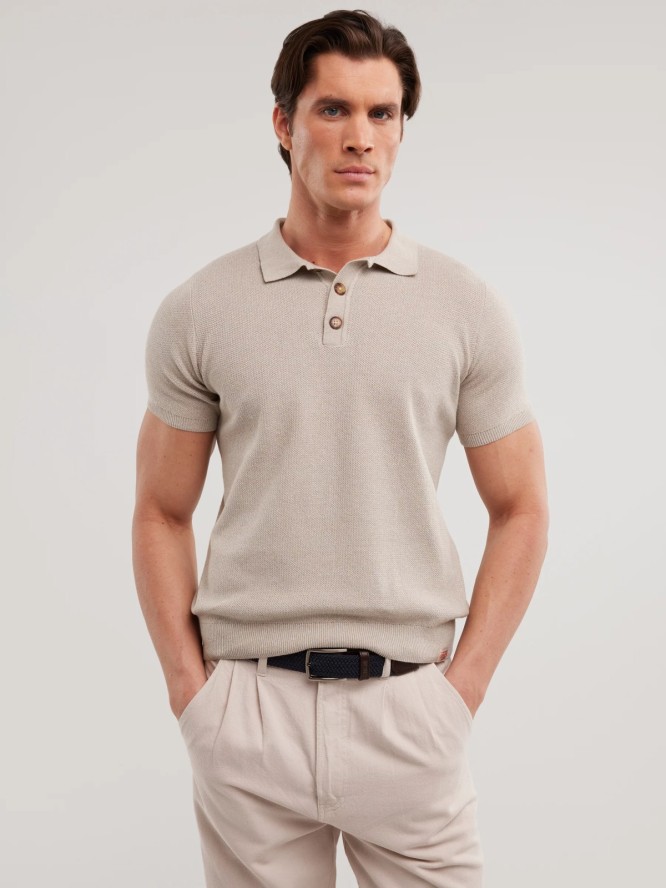 Sweter męski polo z krótkim rękawem beżowy Polonezzo 801