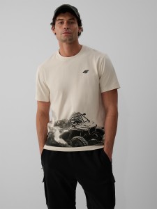 4F T-shirt regular z nadrukiem męski - kremowy XXL